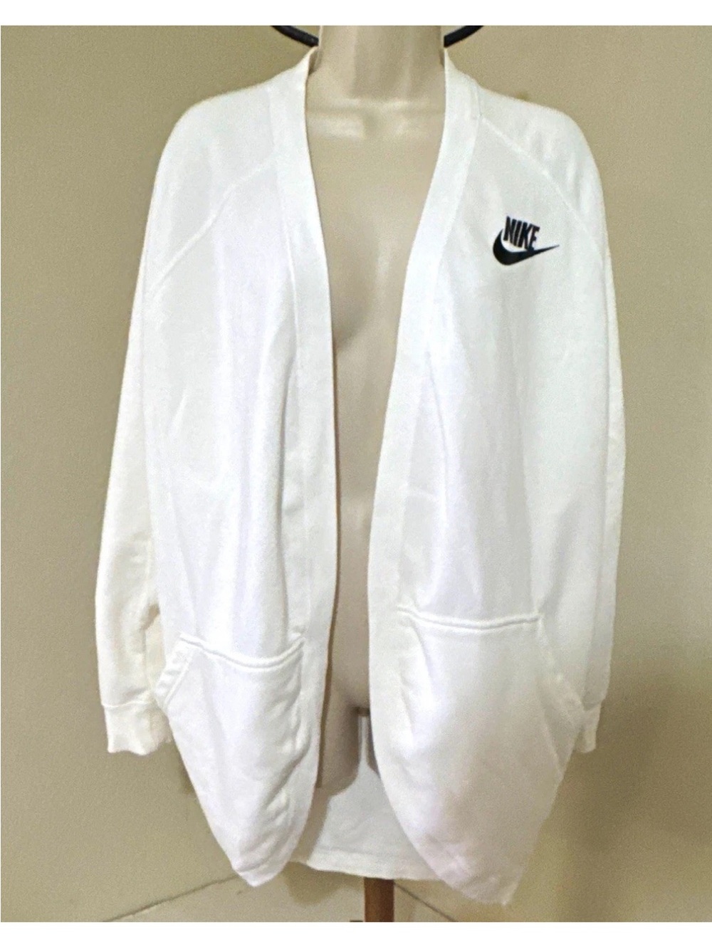 Nike Sportswear Women's White Open Front Fleece Cardigan Pockets Loose Fit M